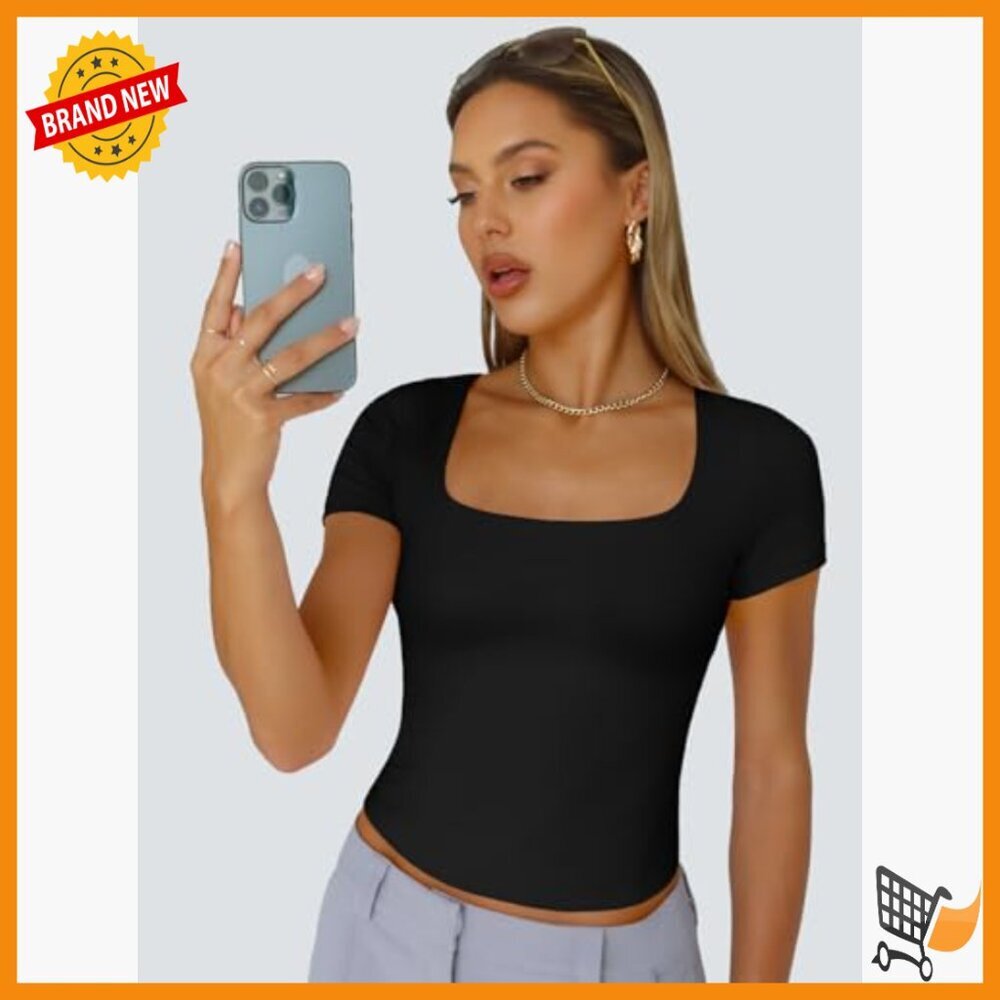 Double Lined Crop Top Square Neck Slim Fit Tee Workout Casual - Picture 2 of 7